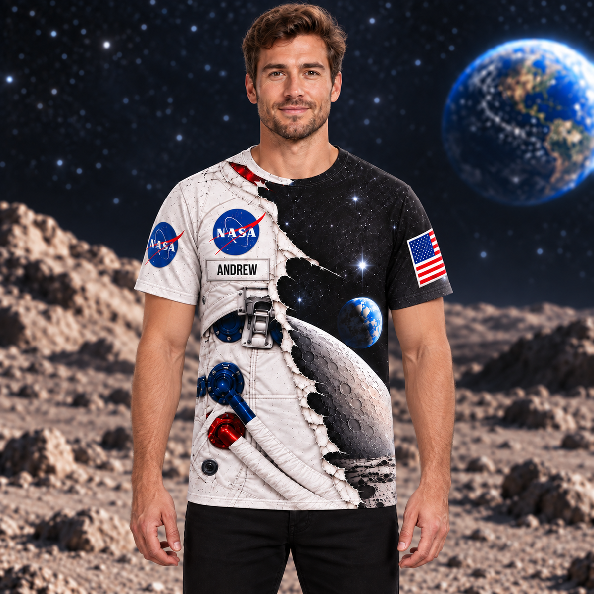 Personalized Your Name Astronaut & Moon AOP T-Shirt Sweatshirt Hoodie