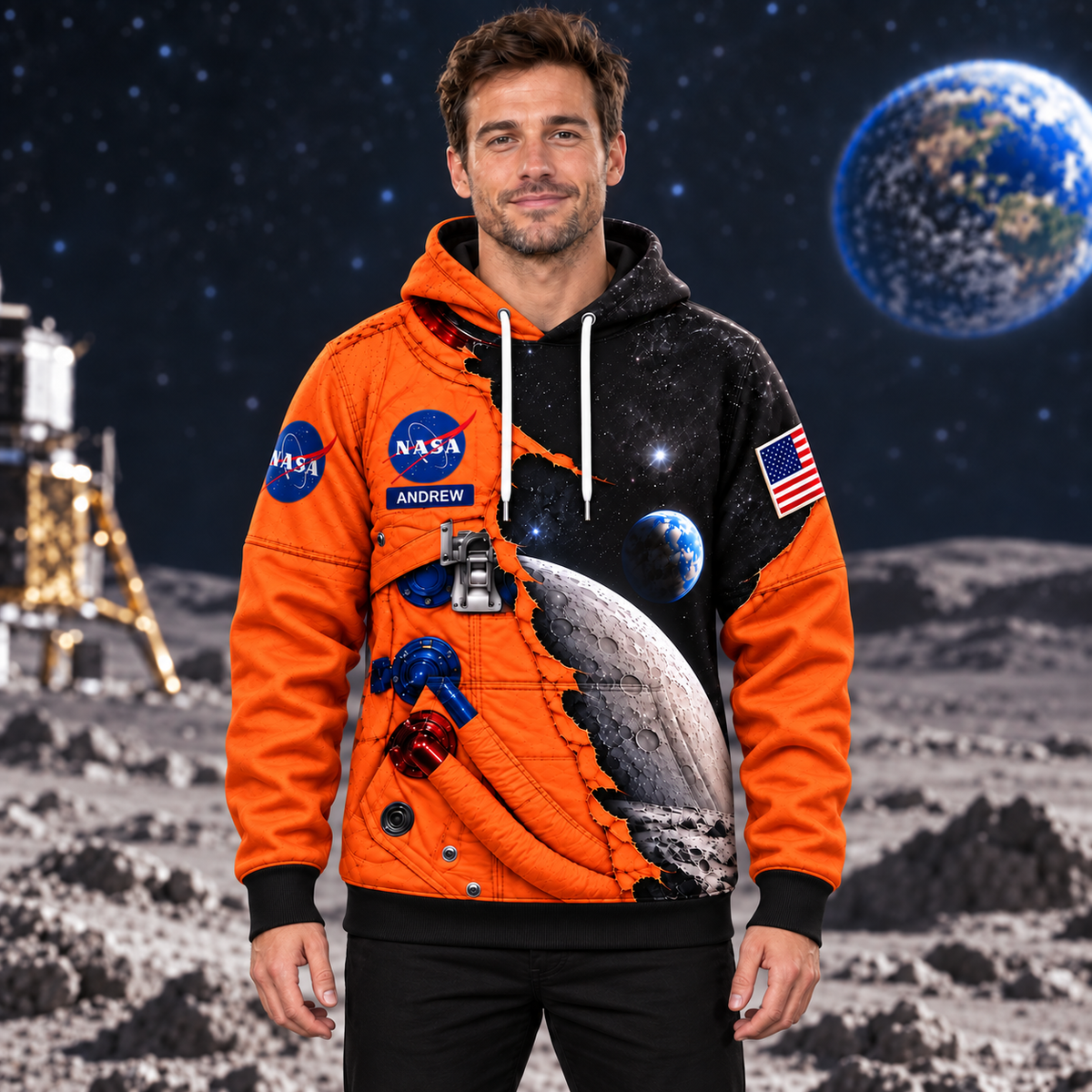Personalized Your Name Orange Astronaut AOP T-Shirt Sweatshirt Hoodie