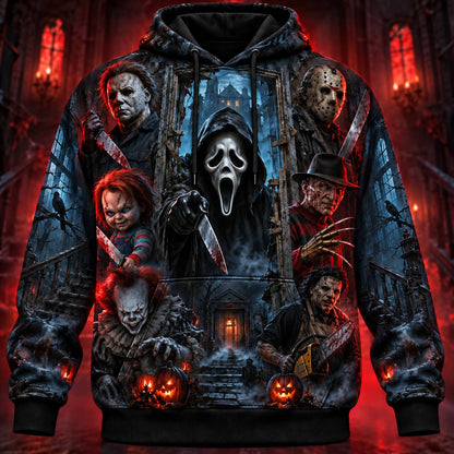 Horror Icons Haunted Mansion AOP T-Shirt Sweatshirt Hoodie