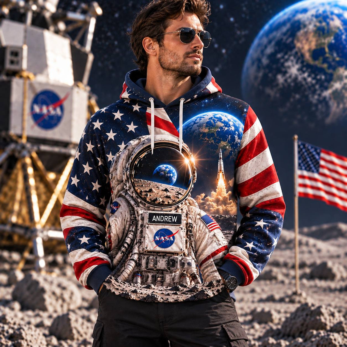Personalized Your Name Out Space USA Anniversary AOP T-Shirt Sweatshirt Hoodie