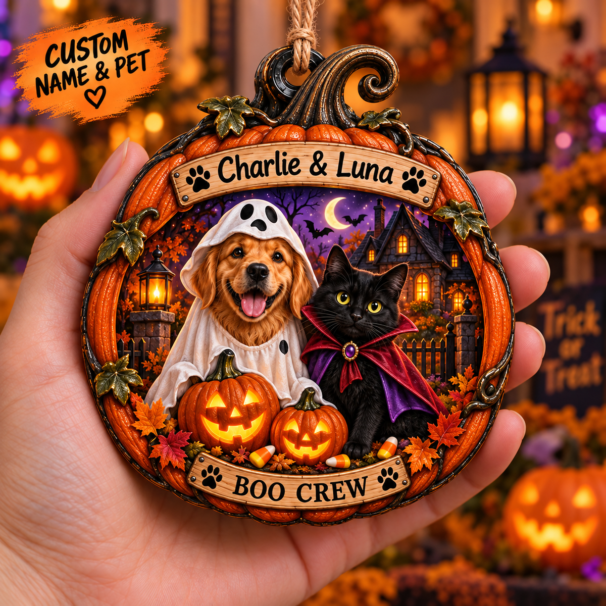 Personalized Halloween Pumpkin Custom Pet  Photo & Name Double-Side Printed Wooden Ornament