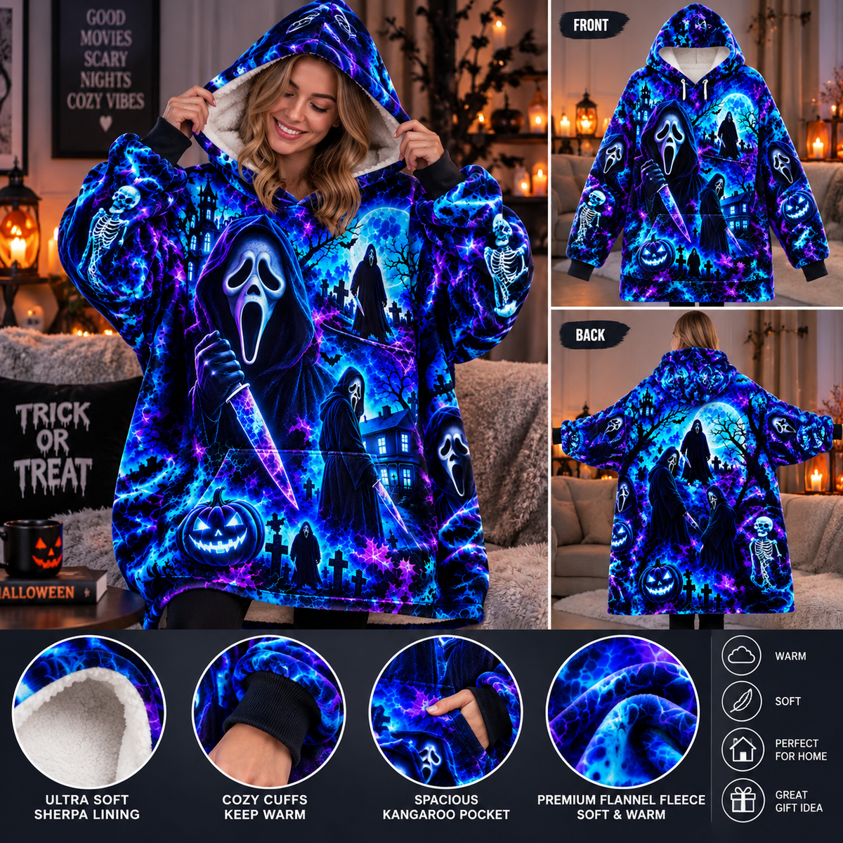 Halloween Neon Ghost Face AOP Blanket Hoodie