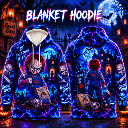 Halloween Neon Chucky AOP Blanket Hoodie