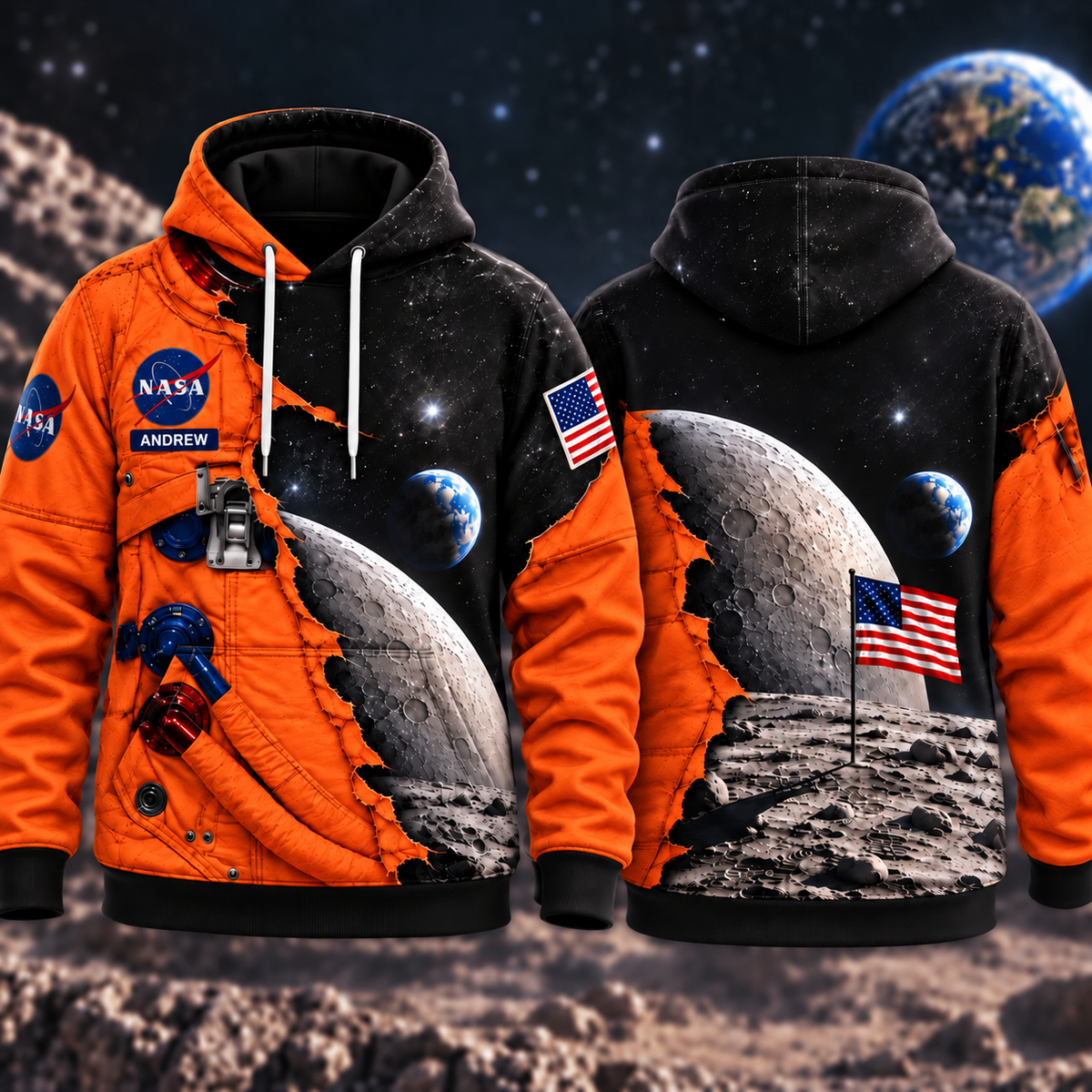 Personalized Your Name Orange Astronaut AOP T-Shirt Sweatshirt Hoodie