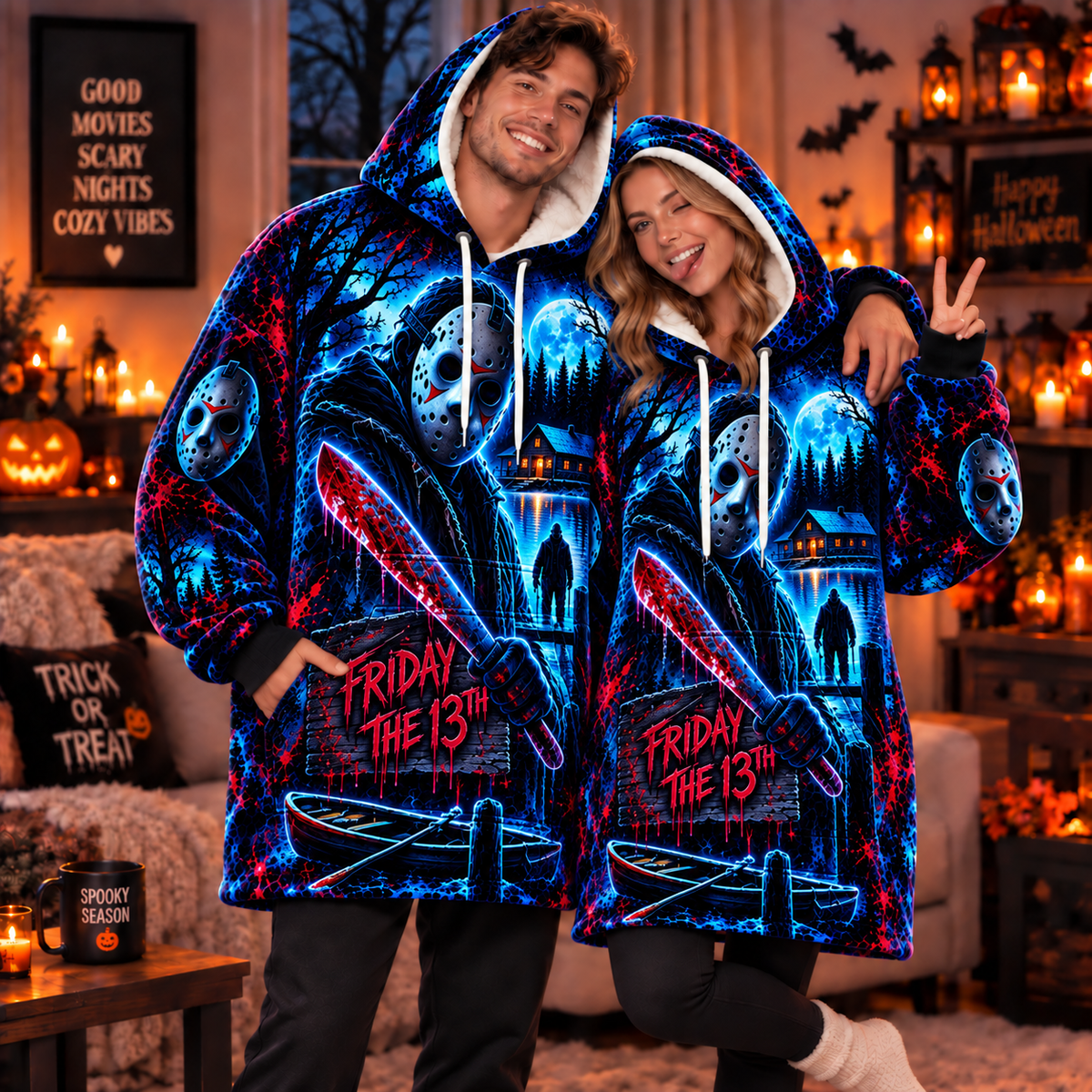 Halloween Neon Jason Voorhees AOP Blanket Hoodie