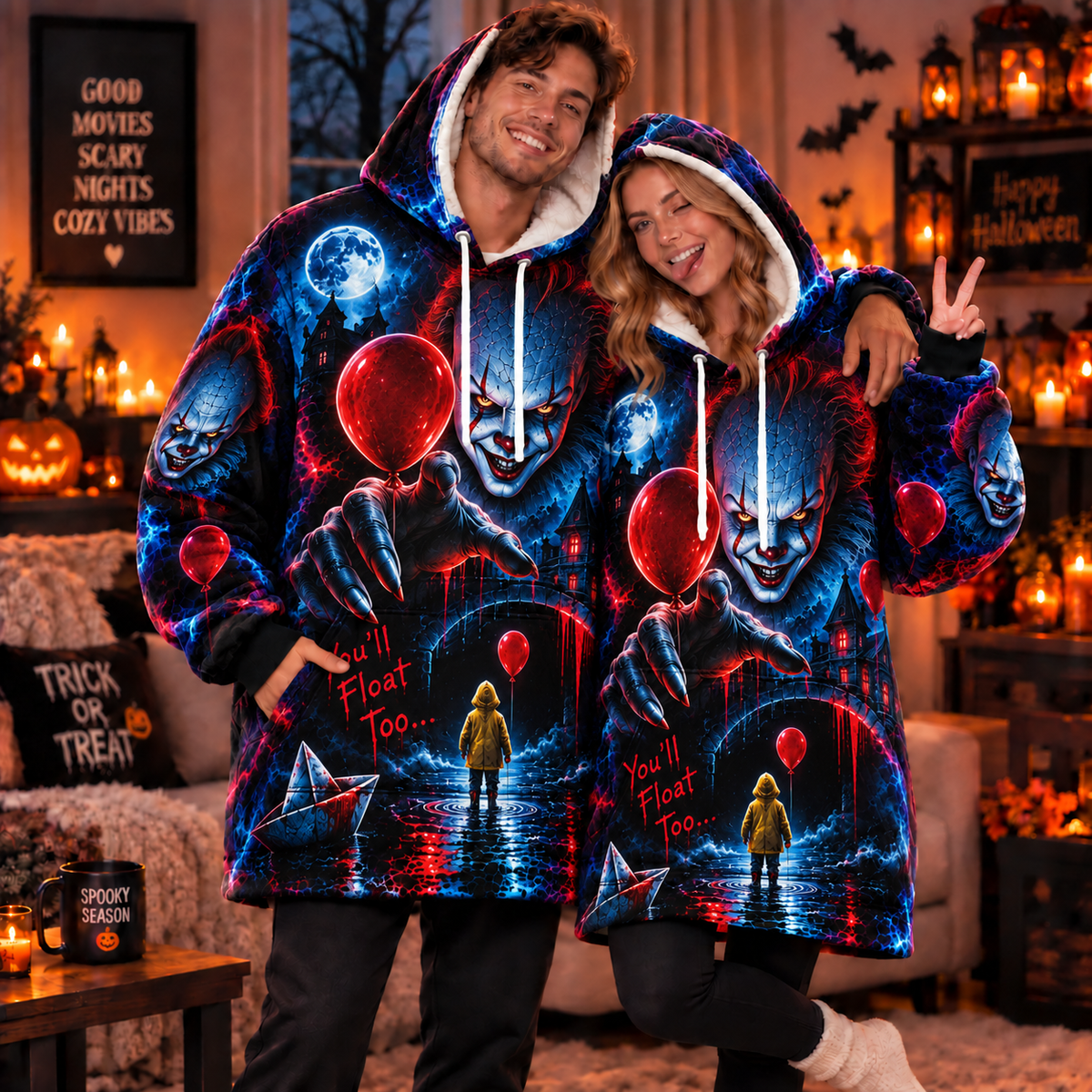 Halloween Neon Pennywise AOP Blanket Hoodie