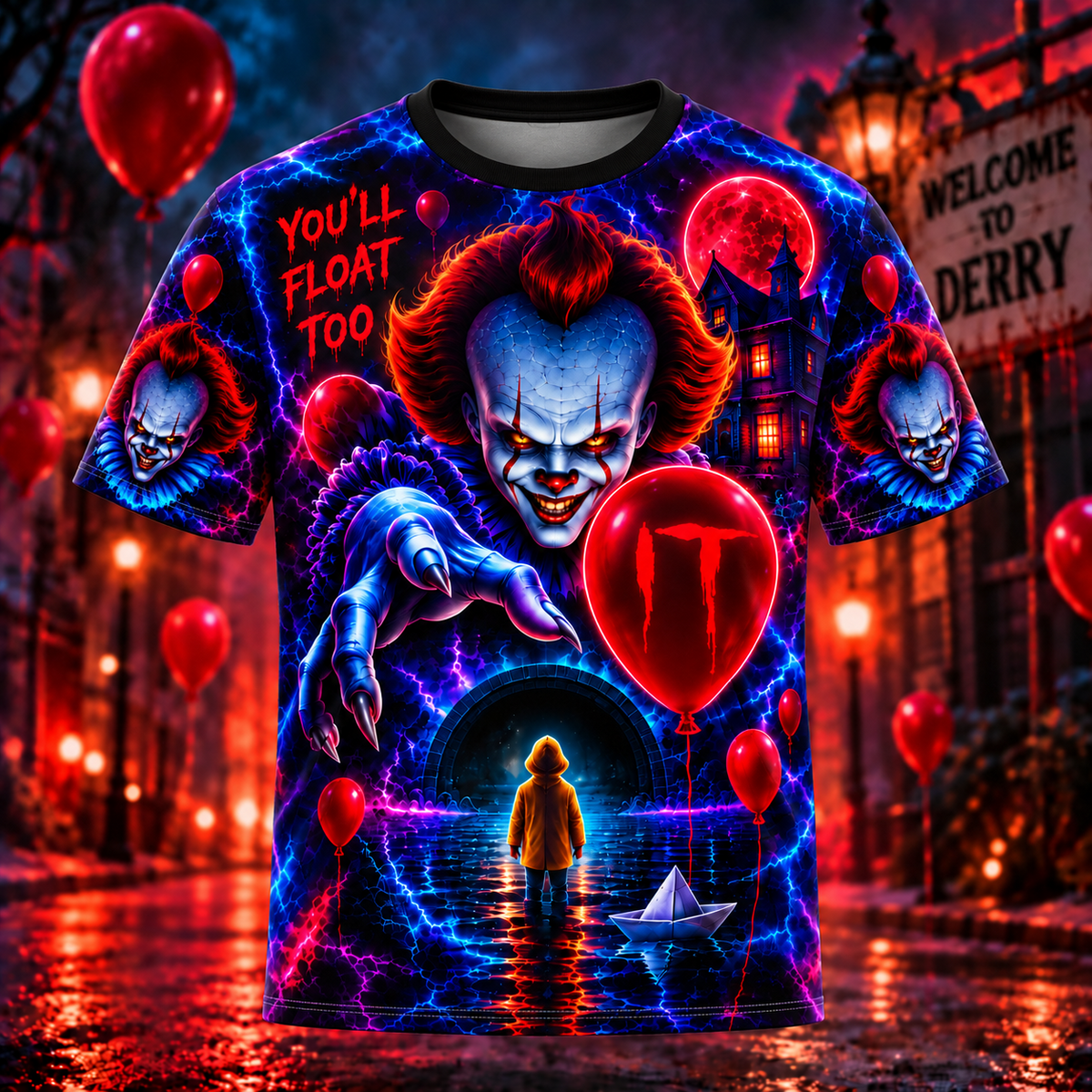 Halloween Neon Pennywise AOP T-Shirt Sweatshirt Hoodie