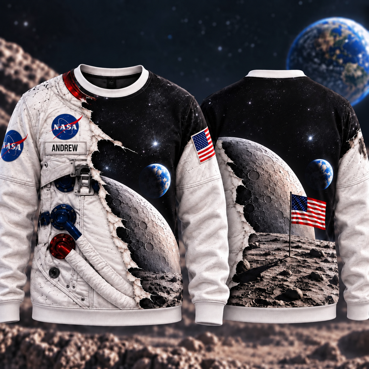 Personalized Your Name Astronaut & Moon AOP T-Shirt Sweatshirt Hoodie