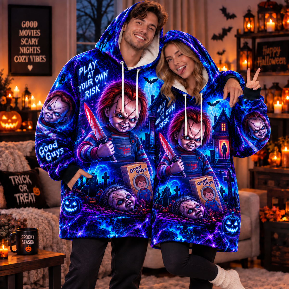 Halloween Neon Chucky AOP Blanket Hoodie