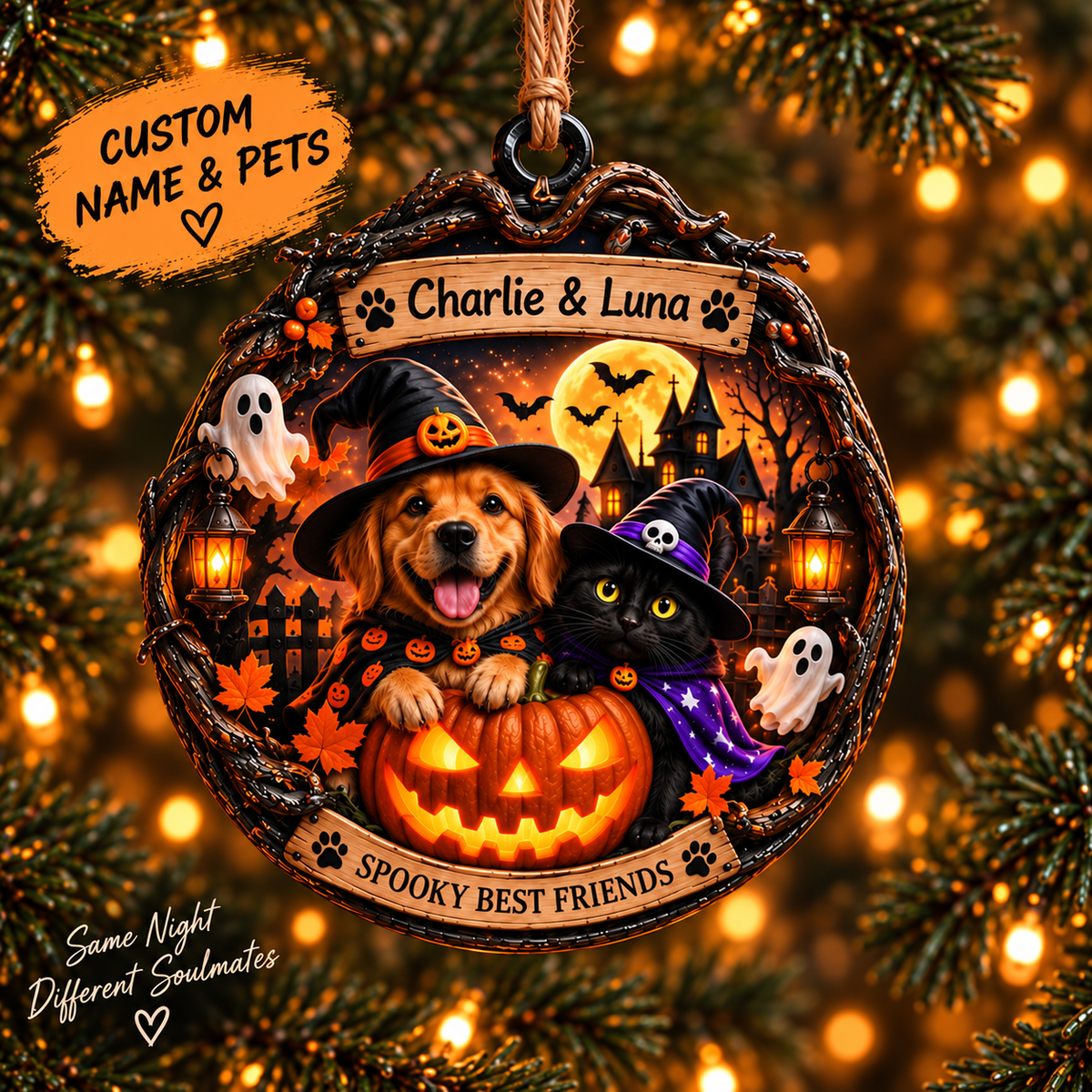 Personalized Halloween Custom Pet  Photo & Name Double-Side Printed Wooden Ornament