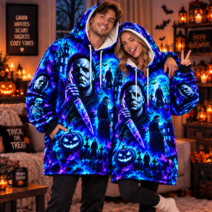 Halloween Neon Michael Myers AOP Blanket Hoodie