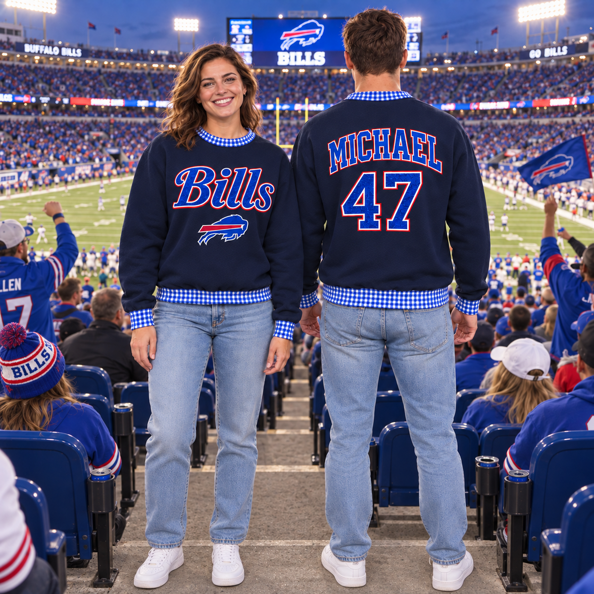 Personalized Embroidered Sweatshirt with Gingham Trim – Custom Name & Number