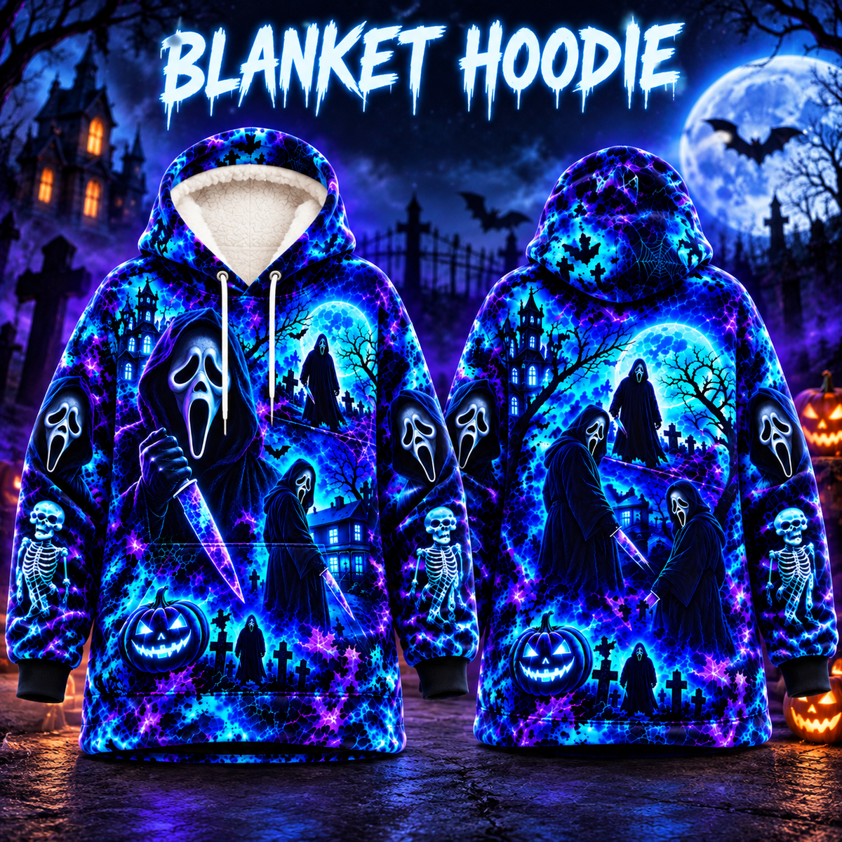 Halloween Neon Ghost Face AOP Blanket Hoodie