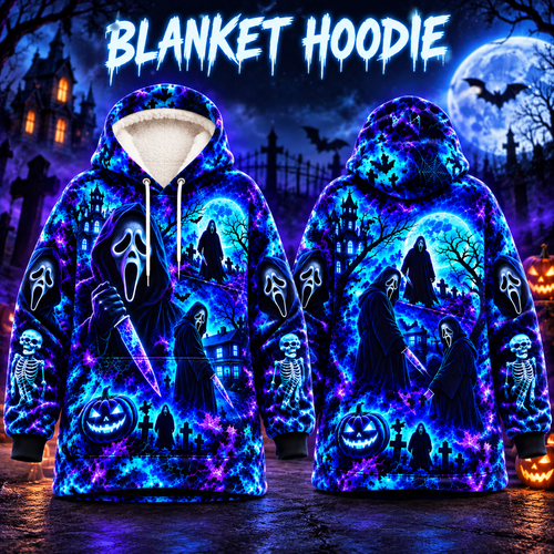 Halloween Neon Ghost Face AOP Blanket Hoodie