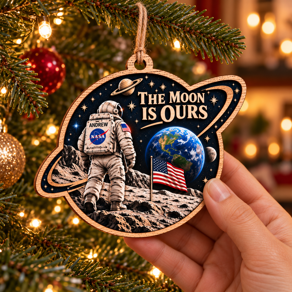 The Moon Is Ours Custom Name Double-Side Printed Wooden Ornament