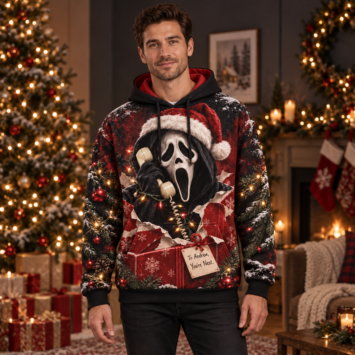 Personalized Your Name Christmas Scream AOP T-Shirt Sweatshirt Hoodie