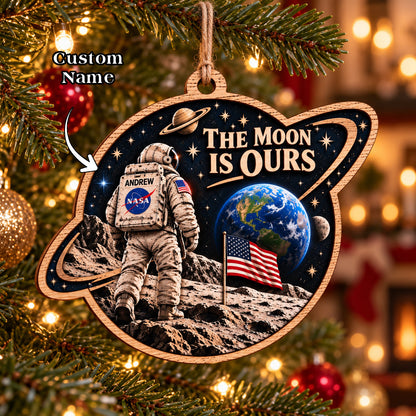 The Moon Is Ours Custom Name Double-Side Printed Wooden Ornament