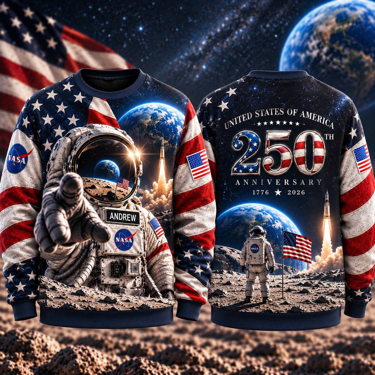 Personalized Your Name Out Space USA Anniversary AOP T-Shirt Sweatshirt Hoodie