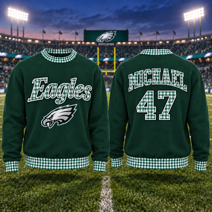 Personalized Embroidered Sweatshirt with Gingham Trim – Custom Name & Number