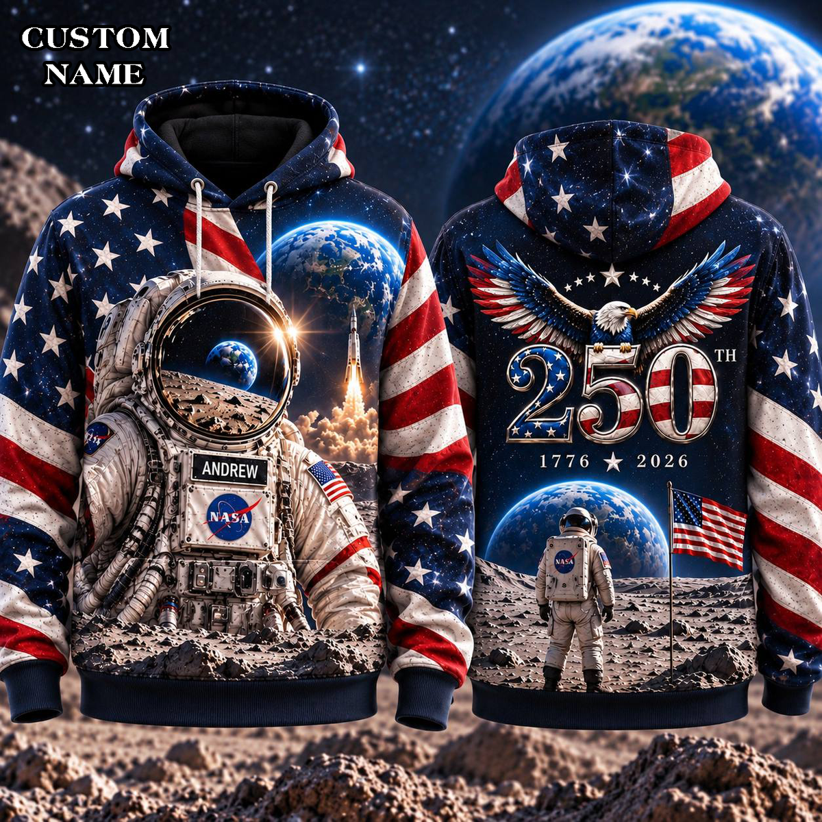 Personalized Your Name Out Space USA Anniversary AOP T-Shirt Sweatshirt Hoodie