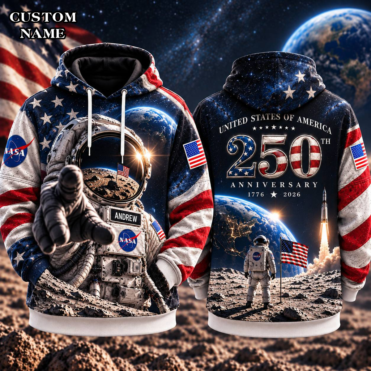 Personalized Your Name Out Space USA Anniversary AOP T-Shirt Sweatshirt Hoodie