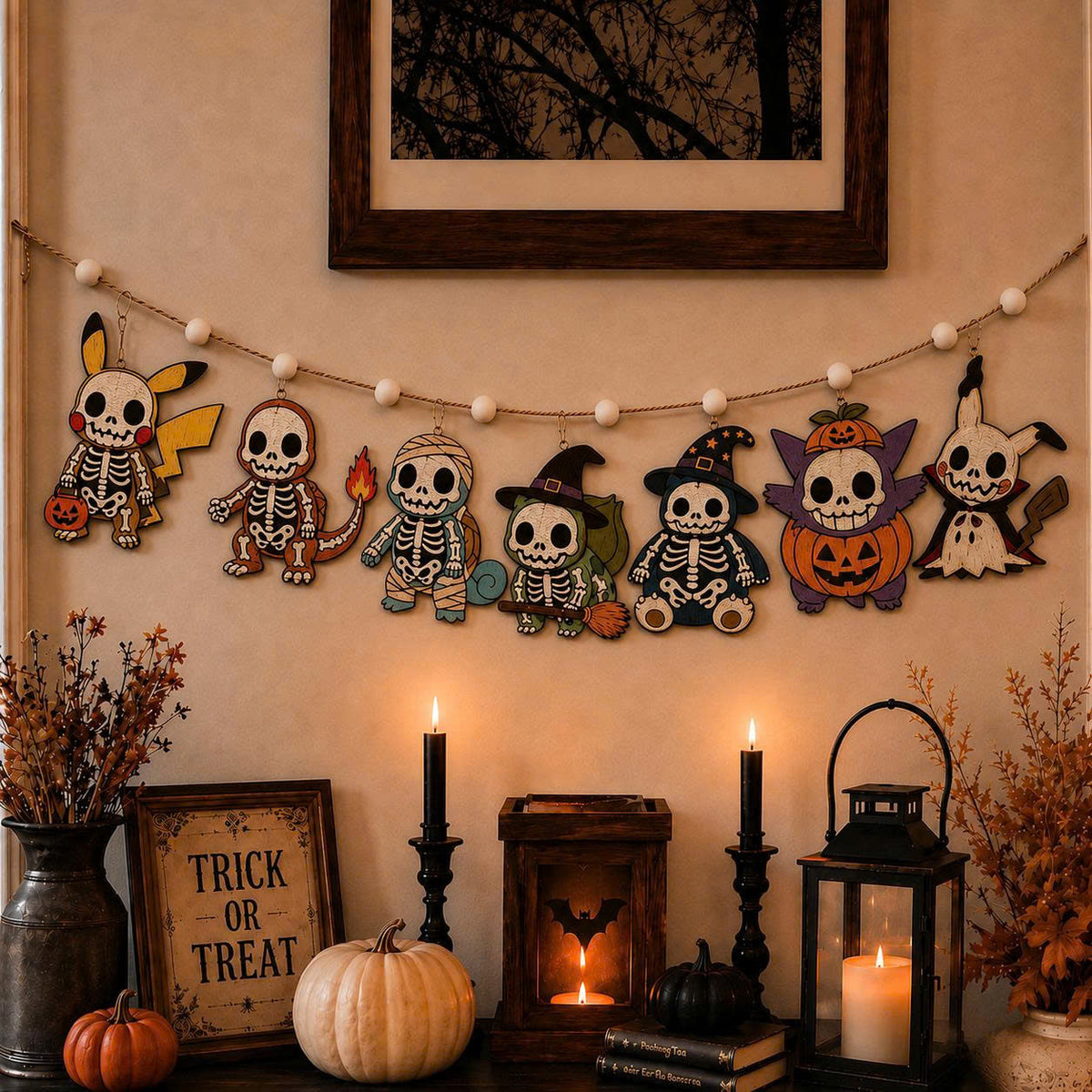 Halloween Personalized PKM Skeleton Wooden Garland